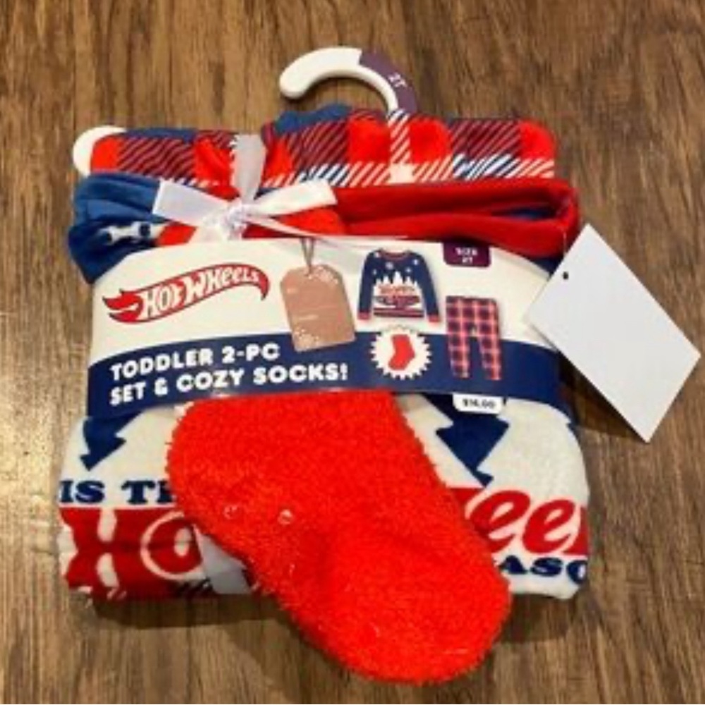 Hot Wheels Toddler 2-Piece Pajama Set with Cozy Red Socks